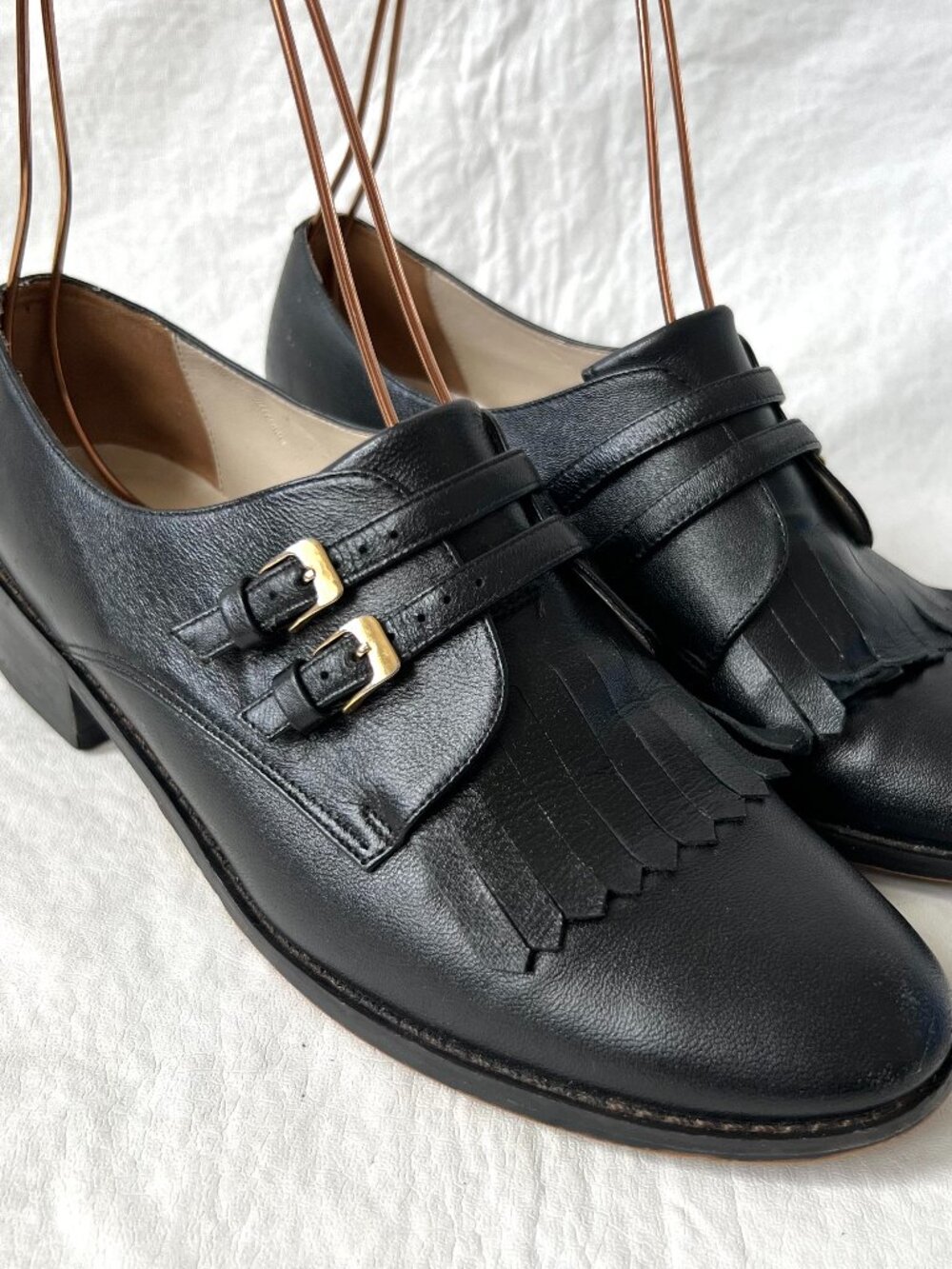 Vivian Lanvin dress shoes double monk strap kiltie black leather 24.5 US 7.5